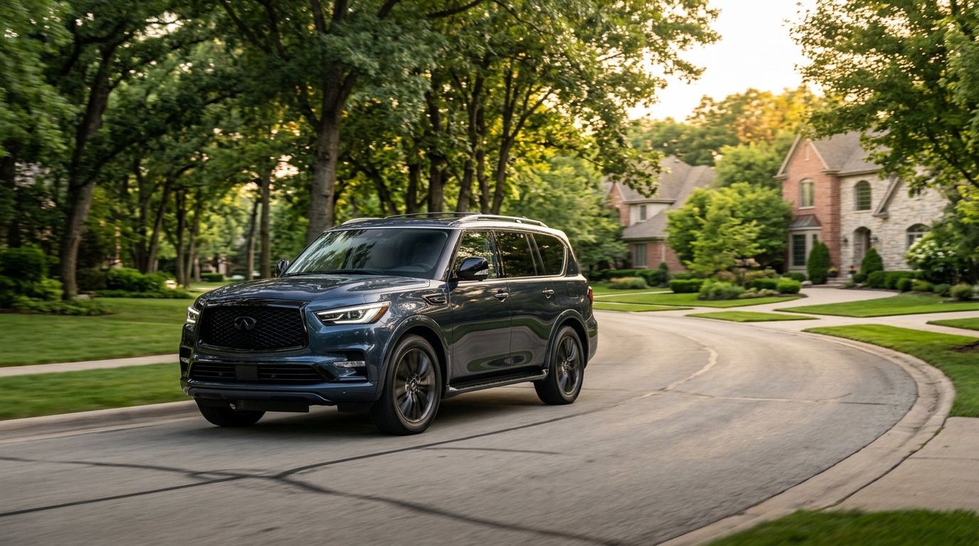 A dark blue Infiniti QX80 luxury SUV driving down a curving street in a leafy suburban neighborhood. (Representative image for illustration purposes only. Actual vehicle may vary based on trim and configuration.)