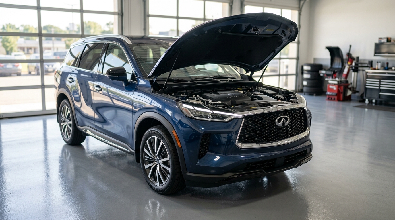 Dark blue Infiniti SUV parked inside a service bay with its hood popped open for maintenance. (Representative image for illustration purposes only. Actual vehicle may vary based on trim and configuration.)