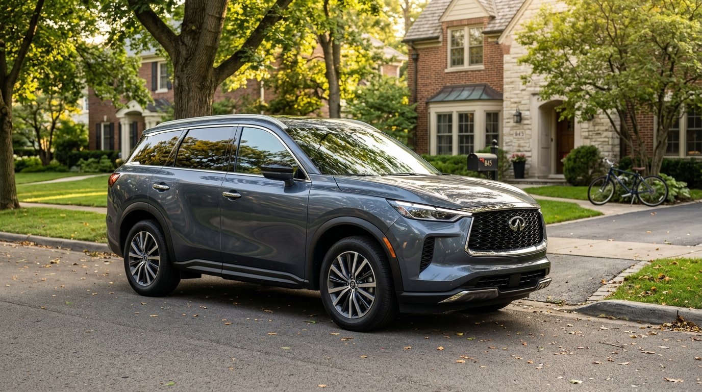 Dark grey Infiniti SUV parked on a quiet suburban street in front of brick houses. (Representative image for illustration purposes only. Actual vehicle may vary based on trim and configuration.)