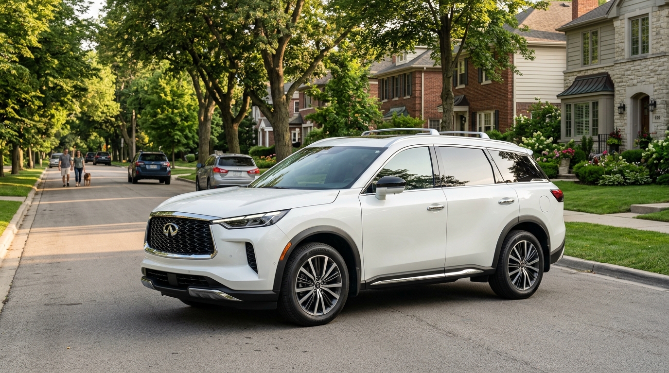 White Infiniti QX60 SUV parked on a suburban residential street in late afternoon light. (Representative image for illustration purposes only. Actual vehicle may vary based on trim and configuration.)
