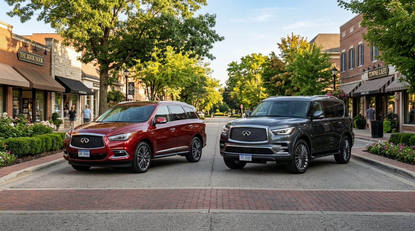 A red Infiniti SUV and a grey Infiniti SUV parked side-by-side on a street in front of local shops. (Representative image for illustration purposes only. Actual vehicle may vary based on trim and configuration.)