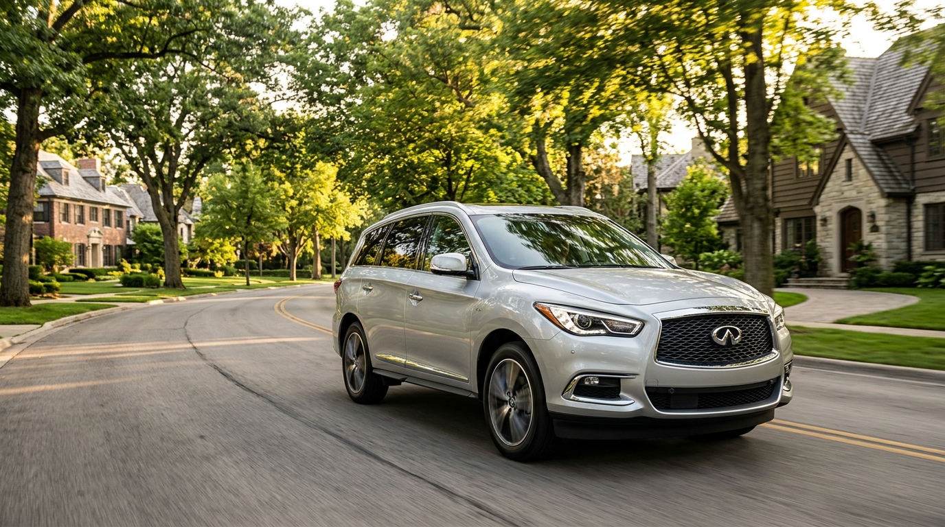 A silver Infiniti SUV driving along a tree-lined residential street with large suburban houses. (Representative image for illustration purposes only. Actual vehicle may vary based on trim and configuration.)