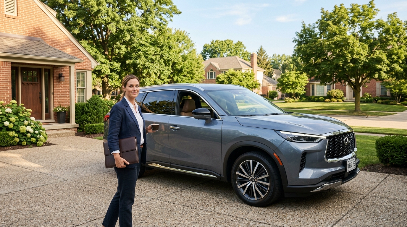 A professional woman holding a portfolio and coffee stands beside a grey luxury SUV in a suburban driveway. (Representative image for illustration purposes only. Actual vehicle may vary based on trim and configuration.)