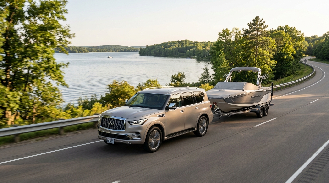 Silver Infiniti SUV towing a speedboat on a trailer along a scenic road beside a lake. (Representative image for illustration purposes only. Actual vehicle may vary based on trim and configuration.)