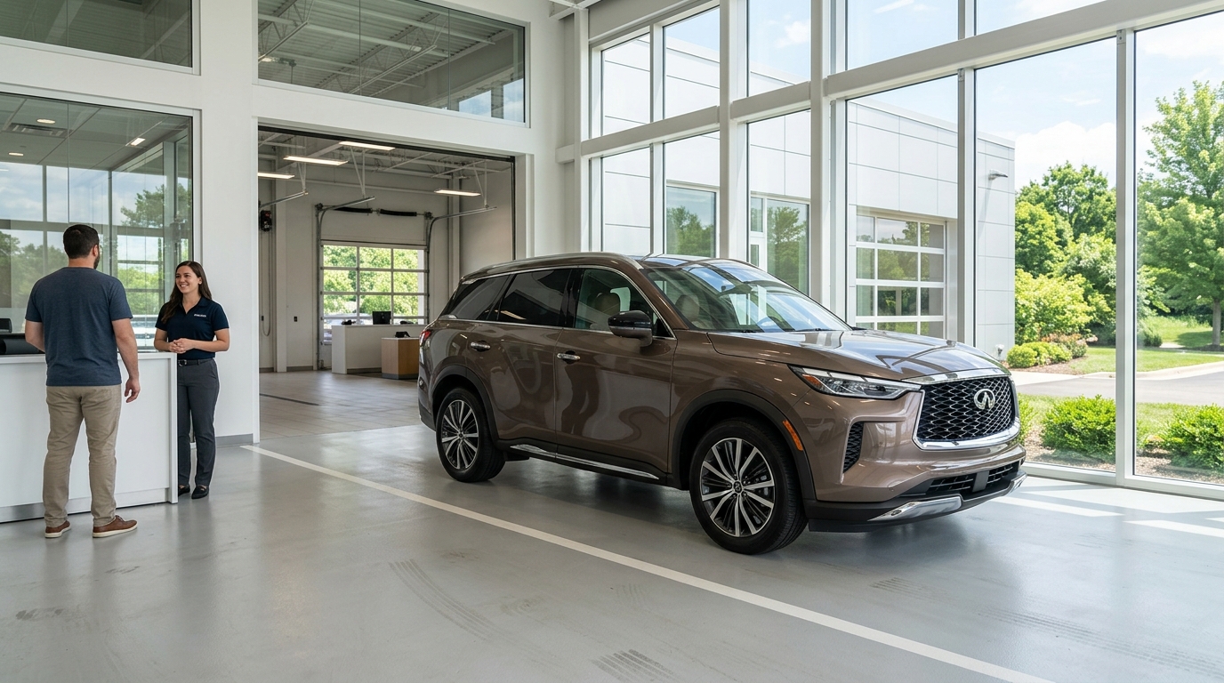 A brown Infiniti SUV parked inside a modern car dealership as a customer talks with a service advisor. (Representative image for illustration purposes only. Actual vehicle may vary based on trim and configuration.)