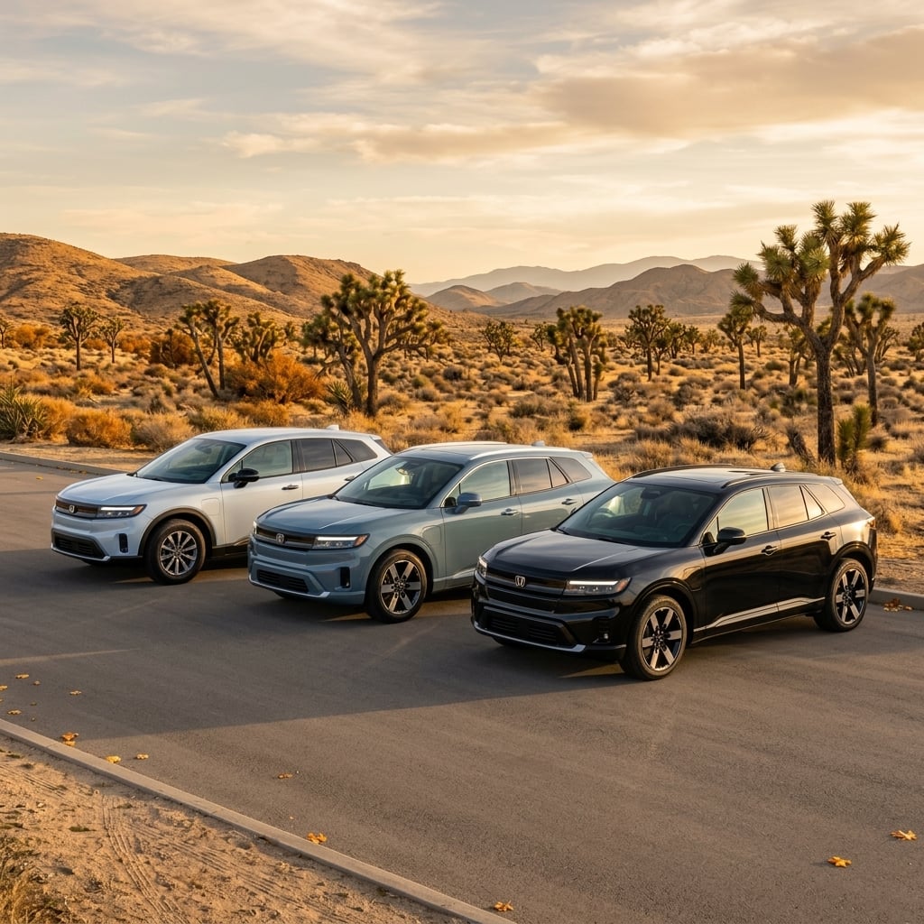 A lineup of three 2026 Honda Prologue electric SUVs representing the EX, Touring, and Elite trims. Representative image for illustration purposes only. Actual vehicle may vary based on trim and configuration. (Representative image for illustration purposes only. Actual vehicle may vary based on trim and configuration.)