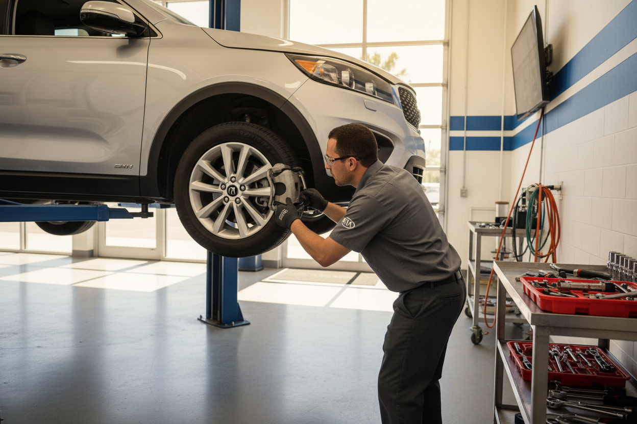 A pristine, modern silver Kia SUV is elevated on a hydraulic lift within a bright, clean dealership service bay, bathed in warm, natural-looking ambient light typical of a sunny Florida day. A professional mechanic in a neat uniform is meticulously inspecting the brake system on the front wheel, with various tools neatly arranged on a nearby workbench. The composition is an eye-level medium shot, focusing on the mechanic's hands and the detailed work on the vehicle, conveying expertise and thoroughness. The color palette features clean whites and grays of the workshop contrasting with the sleek vehicle, enhancing a mood of reliability and trusted performance, hyperrealistic photograph.