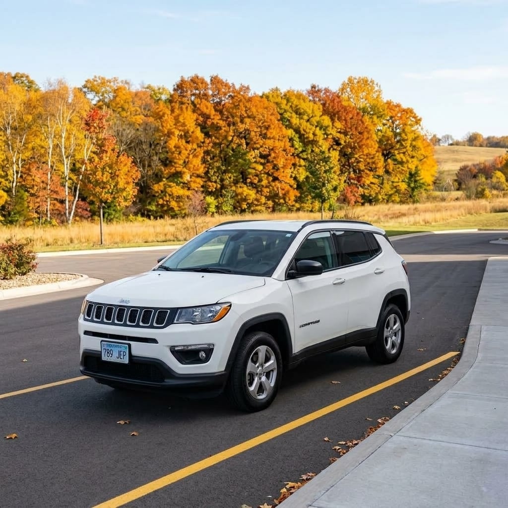 A photorealistic, eye-level wide shot of a clean 2021 Jeep Compass Sport compact SUV parked outdoors in a clean, paved service entry lane outside a modern Midwestern auto service center in Kansas during mid-autumn. The vehicle is angled slightly toward the camera under bright, natural daylight, highlighting its exterior condition and clean profile. In the soft-focus background, gentle rolling Midwestern topography and a few autumn-colored trees with warm amber foliage line the edge of the modest commercial lot under a clear blue sky. The scene conveys reliability, routine upkeep, and practical everyday ownership, capturing a crisp fall afternoon mood. (Representative image for illustration purposes only. Actual vehicle may vary based on trim and configuration.)