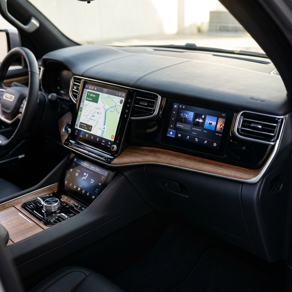 Modern vehicle interior featuring a leather dashboard, wood trim, central navigation screen, and passenger display. (Representative image for illustration purposes only. Actual vehicle may vary based on trim and configuration.)