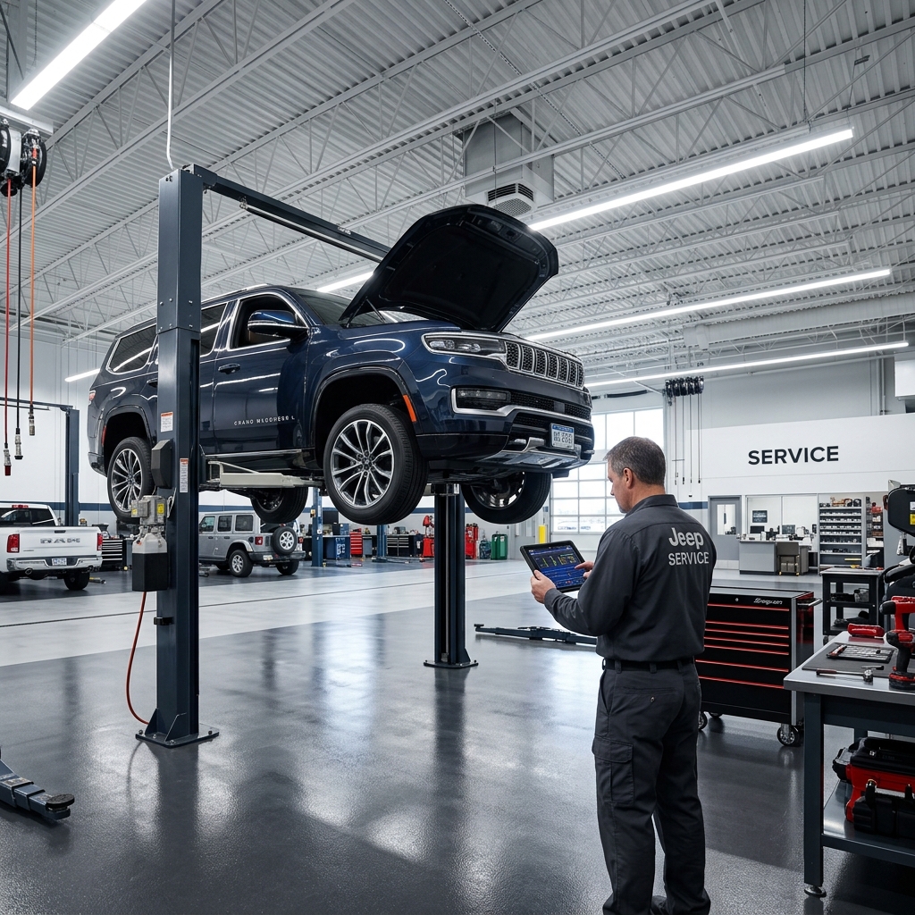 Technician holding a tablet device next to a blue Jeep raised on a hydraulic lift in a service bay. (Representative image for illustration purposes only. Actual vehicle may vary based on trim and configuration.)