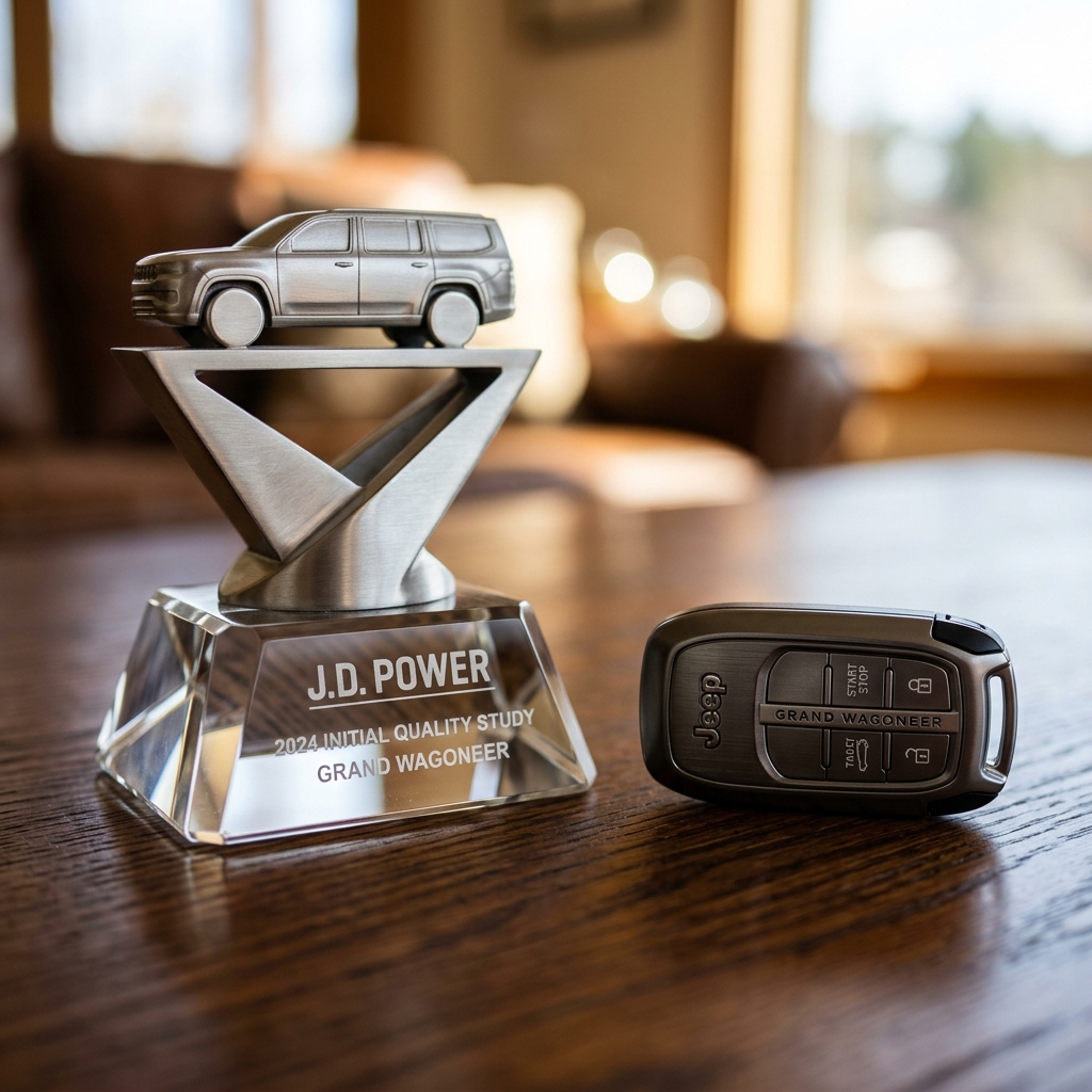 J.D. Power 2024 Initial Quality Study award trophy next to a Jeep Grand Wagoneer key fob on a wooden table. (Representative image for illustration purposes only. Actual vehicle may vary based on trim and configuration.)