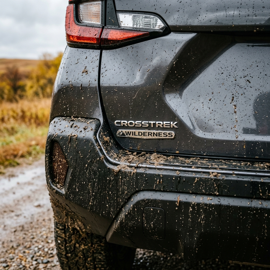 Rear badge of a mud-splattered dark gray Subaru Crosstrek Wilderness SUV on a dirt road. (Representative image for illustration purposes only. Actual vehicle may vary based on trim and configuration.)