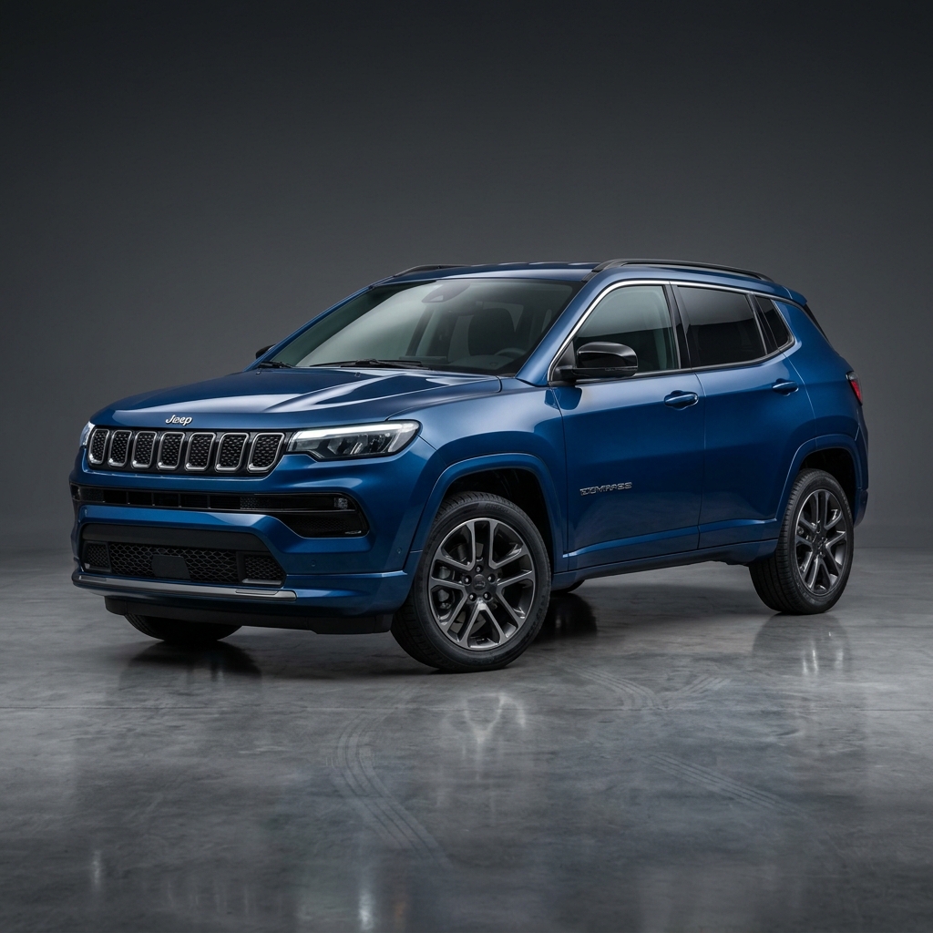 Metallic blue Jeep Compass SUV showcased in a studio against a dark grey background (Representative image for illustration purposes only. Actual vehicle may vary based on trim and configuration.)