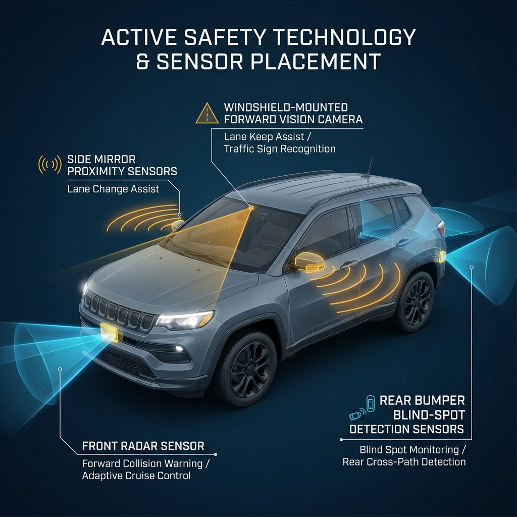 Diagram of a grey SUV showing placement and coverage areas for forward, side mirror, and rear safety sensors. (Representative image for illustration purposes only. Actual vehicle may vary based on trim and configuration.)