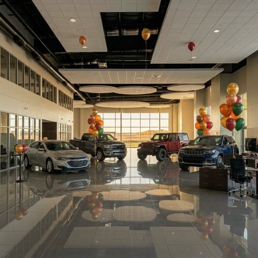 A wide-shot photograph of a modern, airy dealership interior during early autumn near Fort Riley, Kansas. In the center of the showroom, a dark granite-grey full-size pickup truck and a rugged dark red four-door off-road SUV stand side-by-side on polished gray porcelain floor tiles that catch soft overhead studio reflections. Large floor-to-ceiling showroom windows in the background reveal flat to gently rolling Midwestern plains under a warm late-afternoon September sun. The environment is spacious, professional, and inviting, captured with clean commercial staging and a sharp, realistic depth of field, free of any readable text, brand logos, or license plates. (Representative image for illustration purposes only. Actual vehicle may vary based on trim and configuration.)