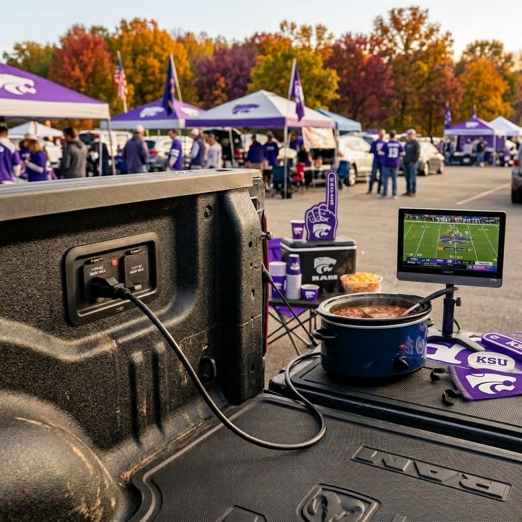 A crisp, close-up lifestyle photograph showing the internal bed wall of a modern dark gray RAM 1500 pickup truck during a fall college football tailgating event. The focal point is the built-in 115V AC electrical outlet panel mounted in the bed liner, where a heavy-duty power cord is securely plugged in. The black textured spray-in bed liner details are sharp and clear. On the lowered tailgate nearby, the power cord feeds electricity to a slow cooker emitting faint wisps of steam next to a compact flat-screen monitor. The background reveals a lively, sunlit autumn parking lot tailgating scene with soft blurred bokeh of pop-up canopies and distant grassy plains under warm afternoon sunlight. (Representative image for illustration purposes only. Actual vehicle may vary based on trim and configuration.)