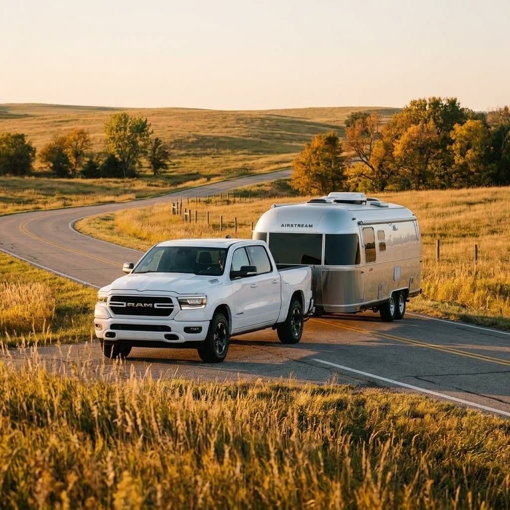 A wide-angle dynamic outdoor photograph of a 2022 RAM 1500 Laramie Crew Cab 4x4 truck seamlessly towing a sleek modern camper trailer down a paved two-lane rural road. The setting features the expansive, gently rolling tallgrass prairie of the Flint Hills under a clear late-afternoon sky. Golden hour sunlight bathes the landscape in warm amber and earthy green tones, highlighting the natural contours of the Kansas countryside. Captured from a low eye-level three-quarters tracking perspective, the focal point highlights the sturdy hitch setup and motion of the truck against the open horizon, evoking a sense of outdoor adventure and dependable towing performance. (Representative image for illustration purposes only. Actual vehicle may vary based on trim and configuration.)