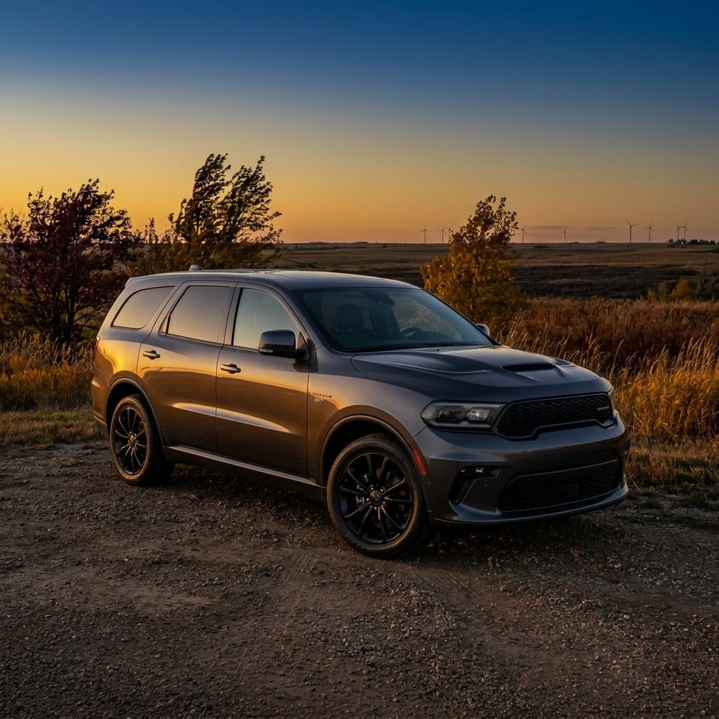 Commercial photography of a 2025 Dodge Durango GT three-row SUV, finished in polished charcoal gray metallic paint. The SUV is parked at a dramatic three-quarters angle on a clean asphalt apron in front of a sleek, contemporary automotive dealership showroom during late twilight. Warm golden light reflects off the muscular body lines, signature LED tail lights, and characteristic front grille, while the interior illumination from expansive glass showroom windows casts a soft ambient glow in the background. The flat, open horizon of the central Kansas plains stretches subtly under a gradient twilight sky. The scene offers a clean, professional marketing aesthetic highlighting the vehicle's bold stance. (Representative image for illustration purposes only. Actual vehicle may vary based on trim and configuration.)