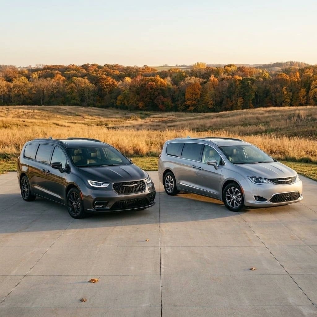 A sleek side-by-side visual comparison featuring two modern Chrysler Pacifica minivans parked on a clean, sunlit paved outdoor display area of a contemporary automotive facility in central Kansas. On the right, a silver Pacifica Plug-In Hybrid subtly highlights its electric charging port door on the front fender, while on the left stands a charcoal gray gas-powered Pacifica model. Both minivans are positioned at a dynamic three-quarter front angle, capturing their detailed body lines and glossy metallic finish under warm, late-afternoon autumn sunlight. The background features a modern, clean glass and steel architectural facade framed by gentle rolling Midwestern plains and a clear blue early fall sky. Eye-level wide shot with sharp focus, crisp dynamic highlights, and no visible logos, text, or license plates. (Representative image for illustration purposes only. Actual vehicle may vary based on trim and configuration.)