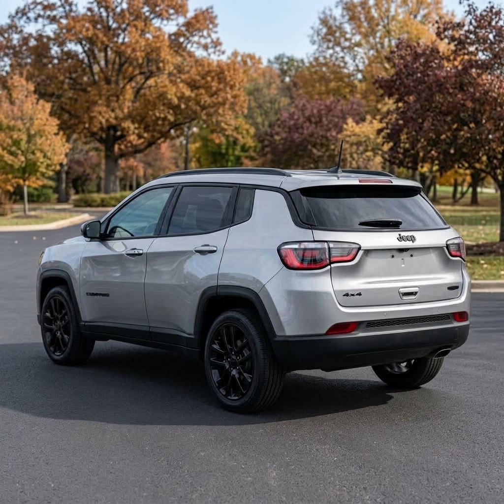 A photorealistic rear three-quarter view of a 2026 Jeep Compass Latitude Altitude finished in Silver Zynith Metallic, parked on a clean paved display lot of a modern dealership in eastern Kansas during early autumn. The vehicle highlights distinct gloss-black exterior accents, darkened alloy wheels, black roof rails, and sleek LED taillights. The camera captures an eye-level angle framing the sculpted rear tailgate and compact athletic stance. Bright natural daylight illuminates the metallic paintwork and subtle reflections, with soft shadows cast on the pavement. In the background, the architectural glass elements of a contemporary showroom are softly out of focus beneath a clear blue sky, evoking a professional car showcase free of license plates, watermarks, or text. (Representative image for illustration purposes only. Actual vehicle may vary based on trim and configuration.)