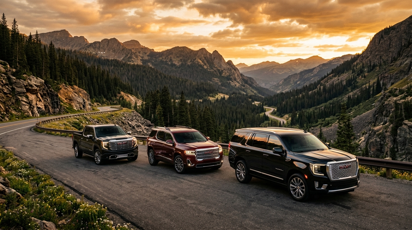 Three GMC Denali vehicles lined up on a winding mountain road during a golden sunset. (Representative image for illustration purposes only. Actual vehicle may vary based on trim and configuration.)
