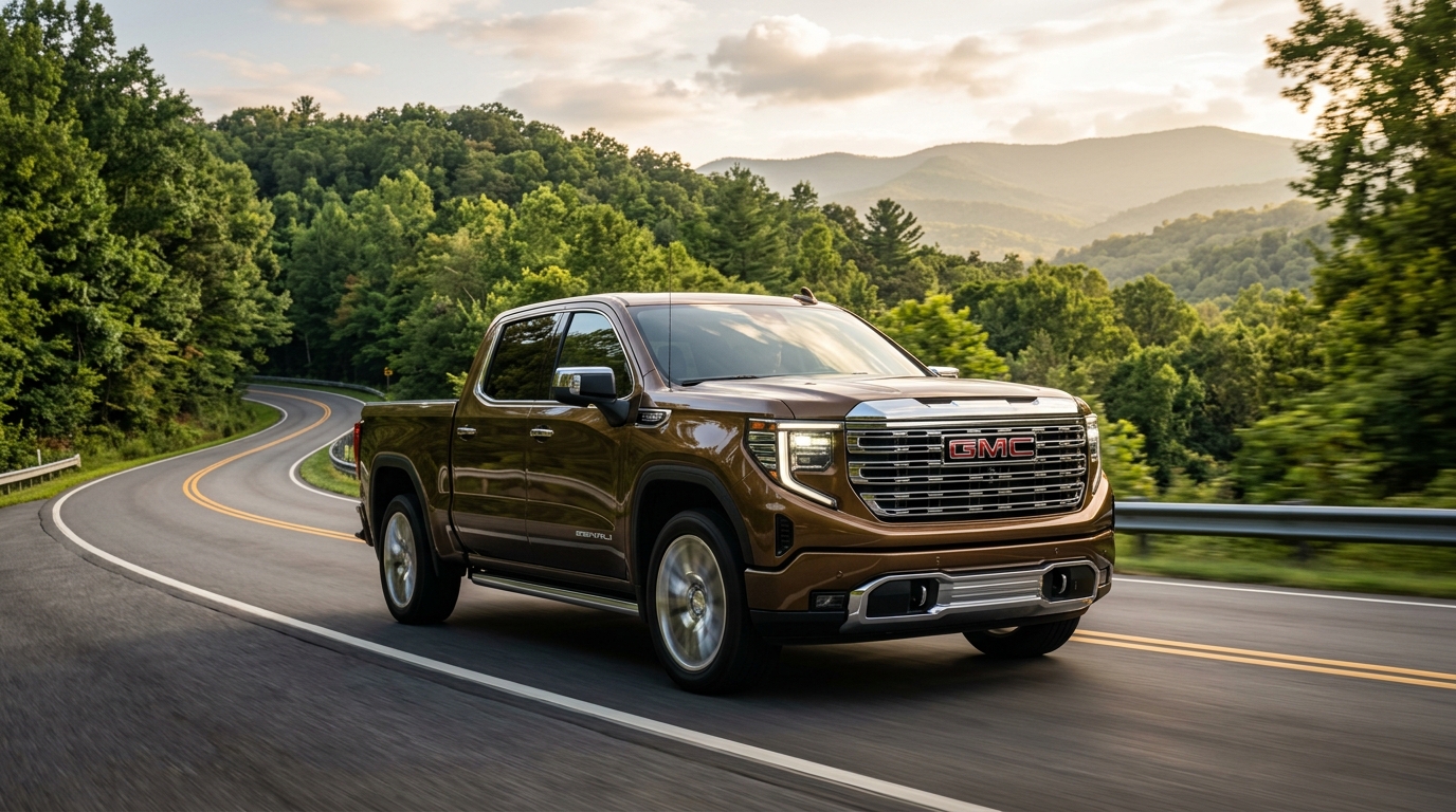 Brown GMC pickup truck driving along a winding mountain highway surrounded by dense green forest. (Representative image for illustration purposes only. Actual vehicle may vary based on trim and configuration.)
