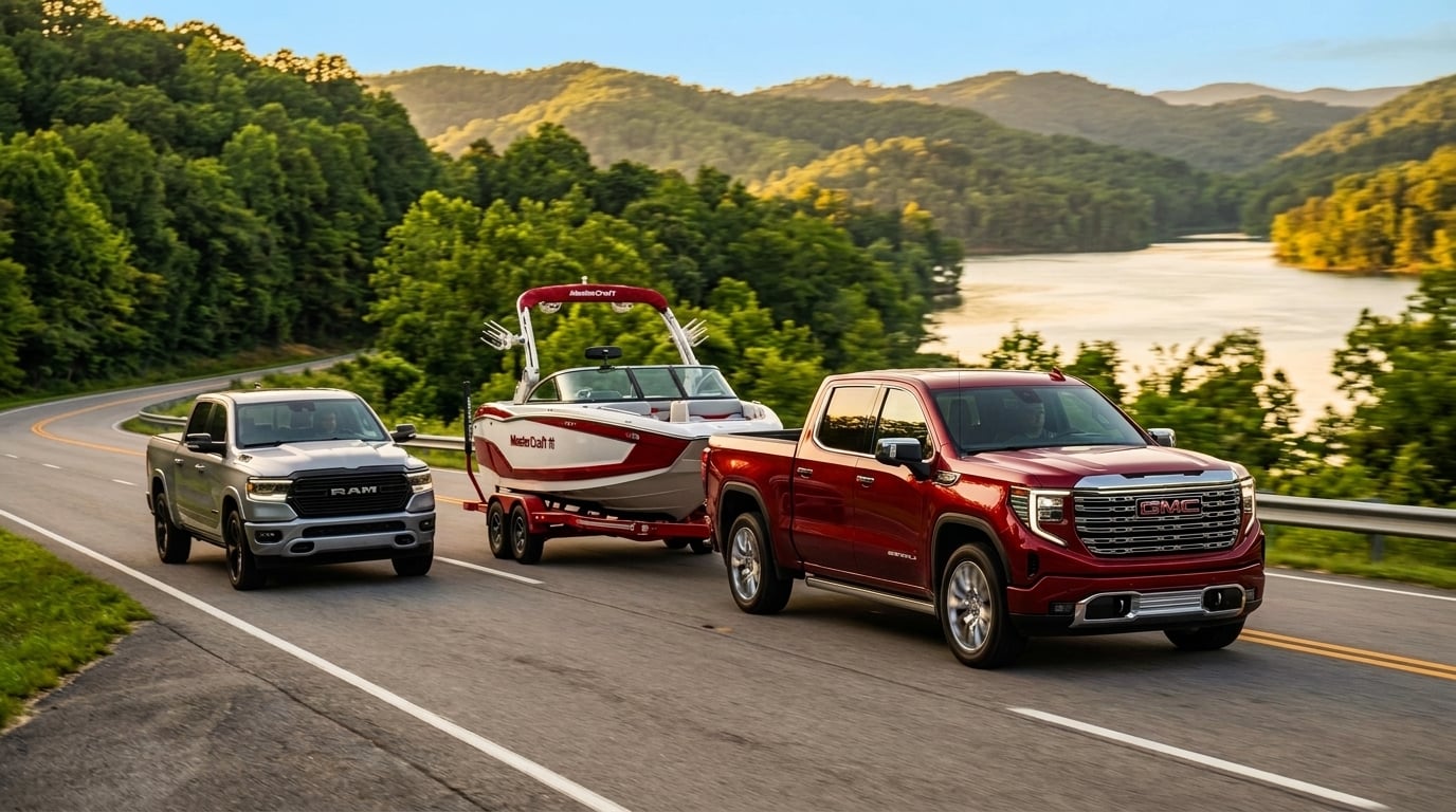 Commercial automotive photography, dynamic three-quarter front view of a deep red 2026 GMC Sierra 1500 pickup truck towing a boat trailer along a scenic two-lane paved road in East Tennessee, trailing closely in the adjacent lane is a sleek silver 2026 Ram 1500 pickup truck, set against rolling gree