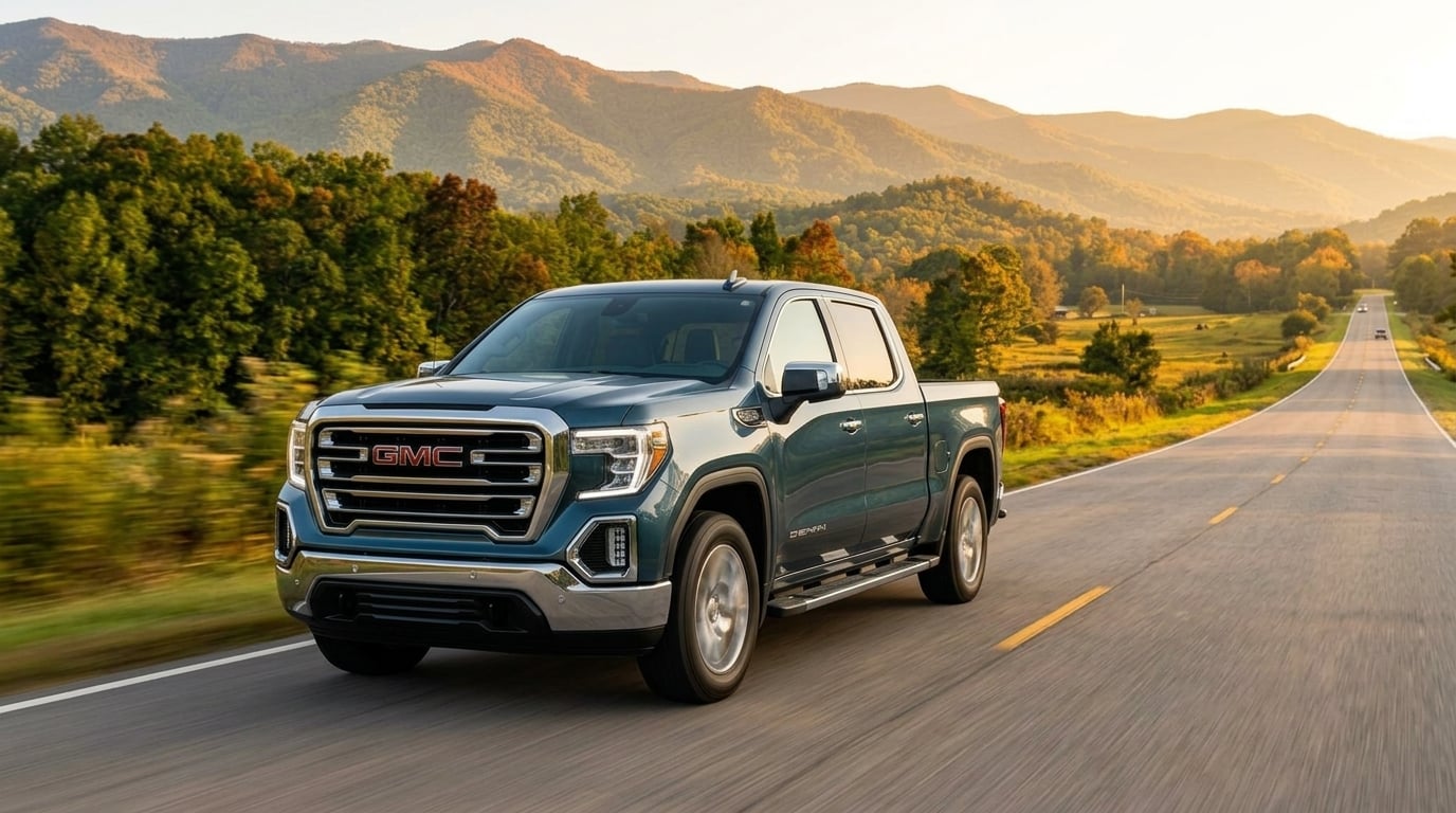 A late-model 2022 GMC Sierra 1500 Crew Cab pickup truck in dark slate metallic finish, parked on the paved shoulder of a quiet county road in East Tennessee, three-quarter front angle shot highlighting its bold grille and spacious cab, set against rolling forested Appalachian hills and green pasture