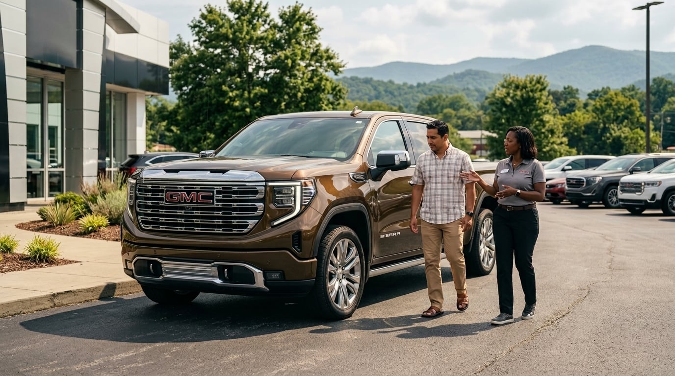 A sales representative showing a brown GMC Sierra pickup truck to a customer outside a dealership.
