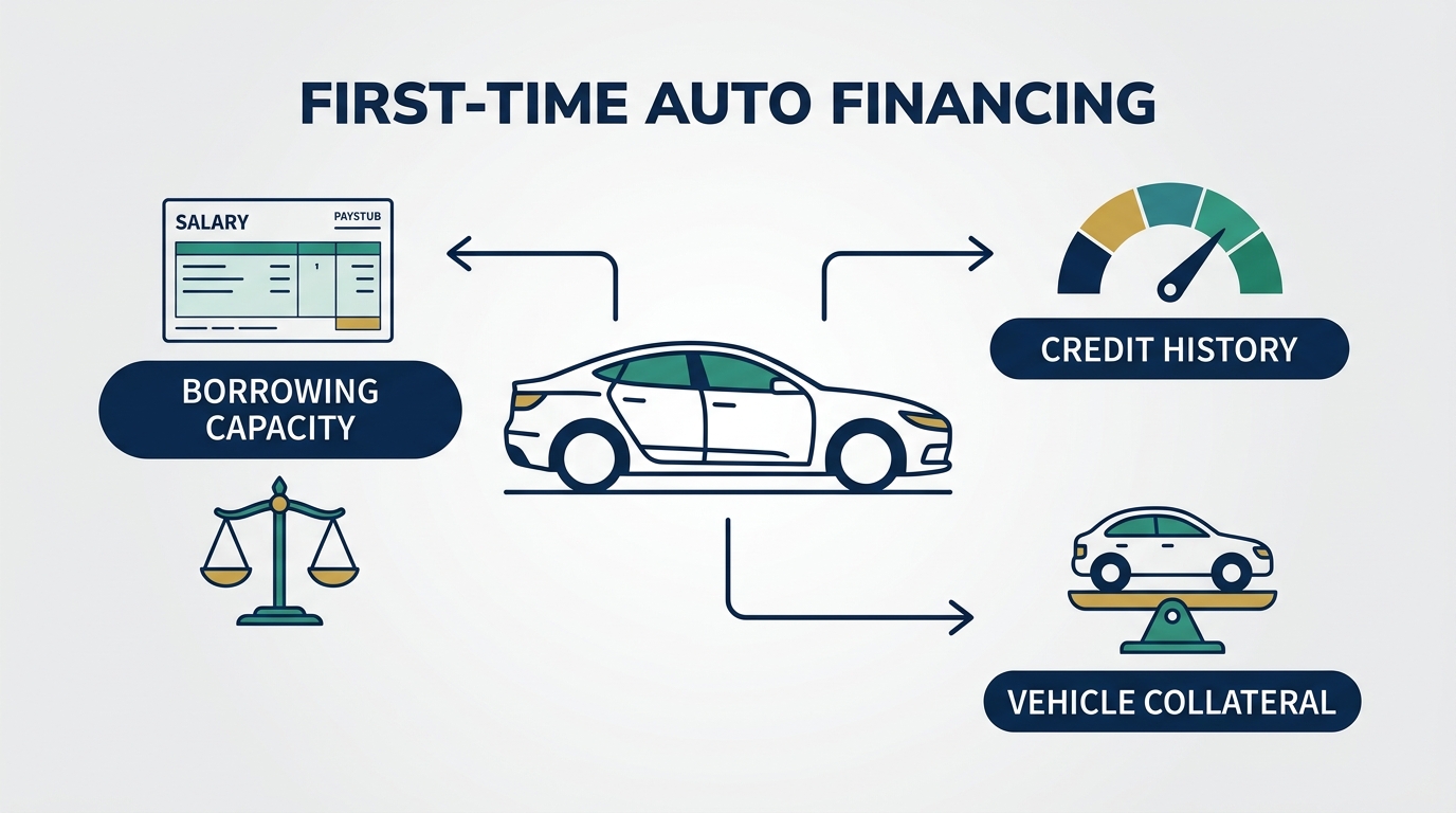 An infographic detailing first-time auto financing factors: borrowing capacity, credit history, and vehicle collateral. (Representative image for illustration purposes only. Actual vehicle may vary based on trim and configuration.)
