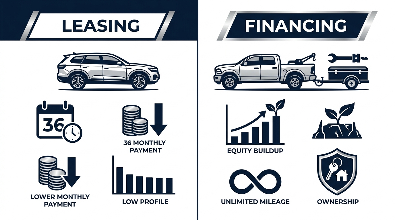 Infographic comparing car leasing vs financing with icons for lower monthly payments, equity buildup, and ownership. (Representative image for illustration purposes only. Actual vehicle may vary based on trim and configuration.)