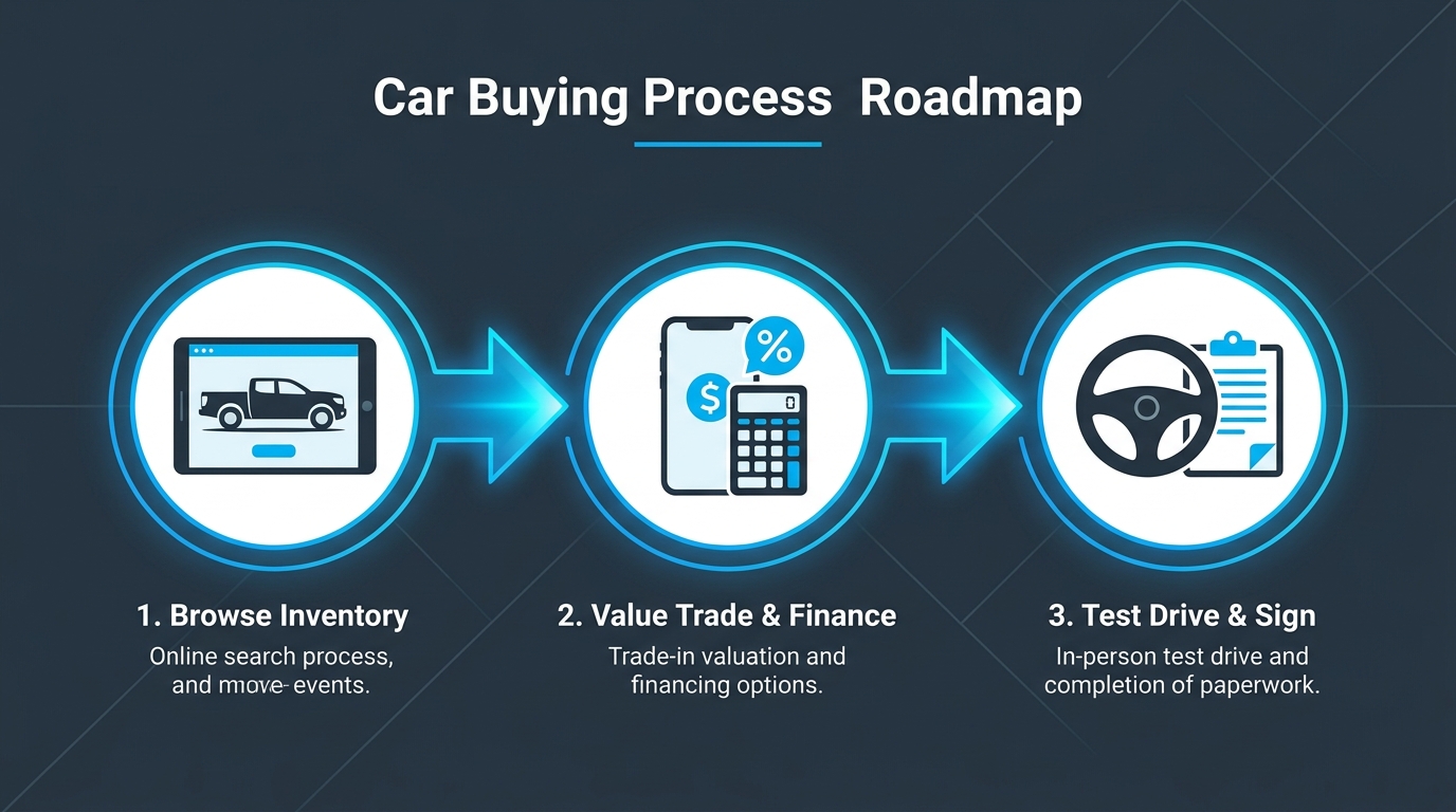 Car buying process roadmap graphic featuring three steps: Browse Inventory, Value Trade & Finance, and Test Drive & Sign. (Representative image for illustration purposes only. Actual vehicle may vary based on trim and configuration.)