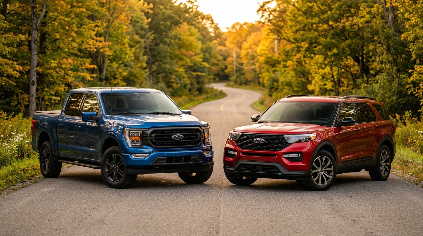 A blue Ford F-150 truck and a red Ford Explorer SUV parked side by side on a scenic forest road in autumn. (Representative image for illustration purposes only. Actual vehicle may vary based on trim and configuration.)