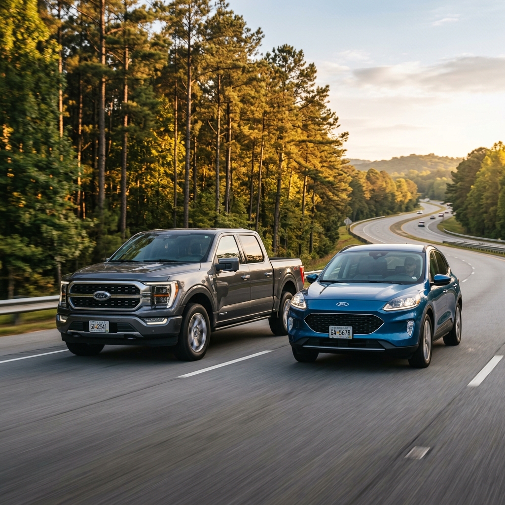 A grey Ford F-150 truck and a blue Ford Escape SUV driving side-by-side on an open highway flanked by pine trees. (Representative image for illustration purposes only. Actual vehicle may vary based on trim and configuration.)
