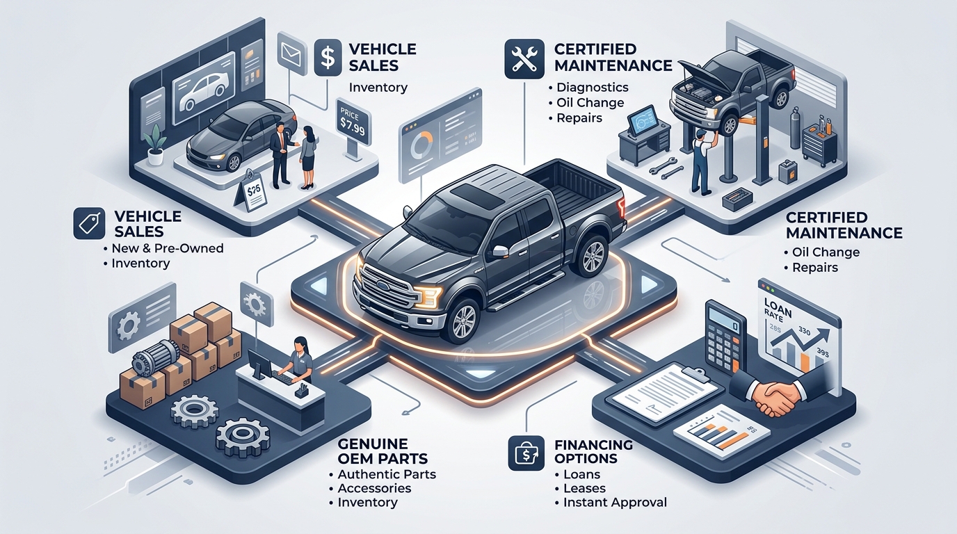Isometric infographic showing connected automotive dealership services around a central grey pickup truck. (Representative image for illustration purposes only. Actual vehicle may vary based on trim and configuration.)