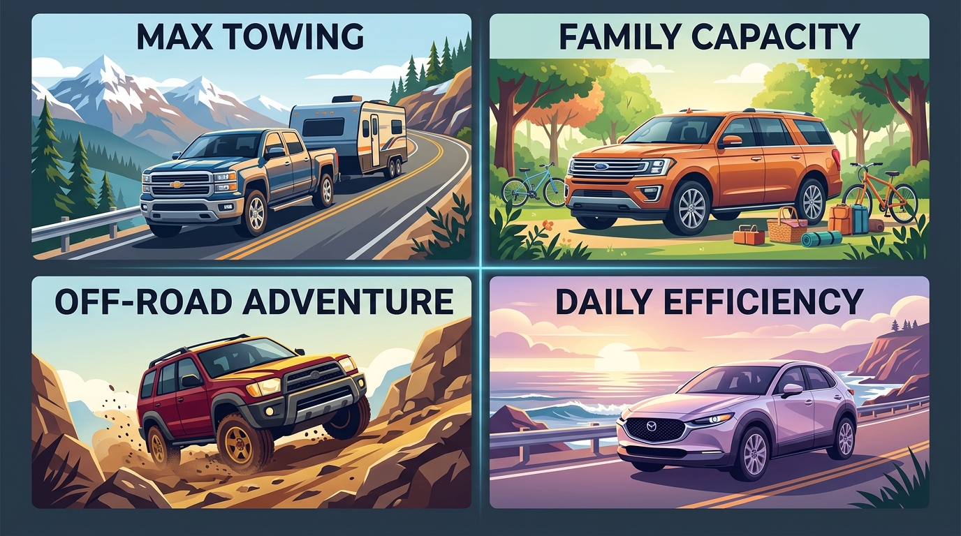 Four-panel graphic featuring vehicles categorized by Max Towing, Family Capacity, Off-Road Adventure, and Daily Efficiency. (Representative image for illustration purposes only. Actual vehicle may vary based on trim and configuration.)