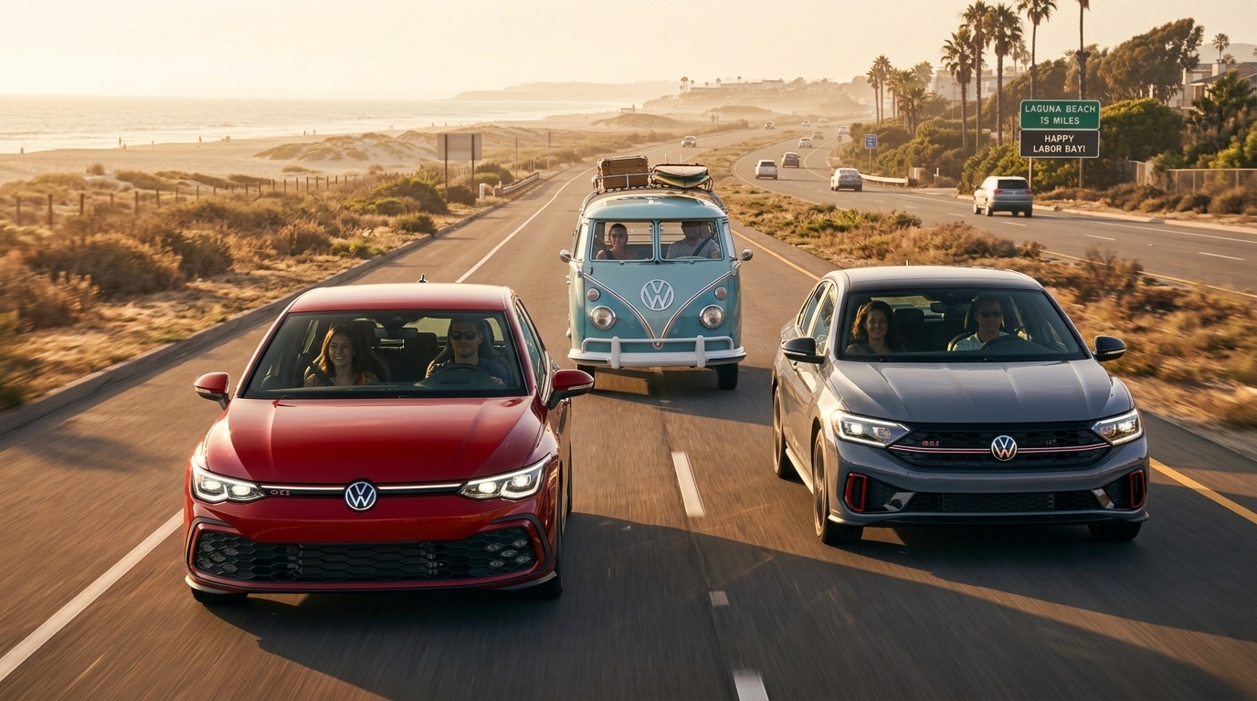 A red VW Golf GTI, vintage blue VW bus, and grey Jetta driving along a sunny coastal highway. (Representative image for illustration purposes only. Actual vehicle may vary based on trim and configuration.)