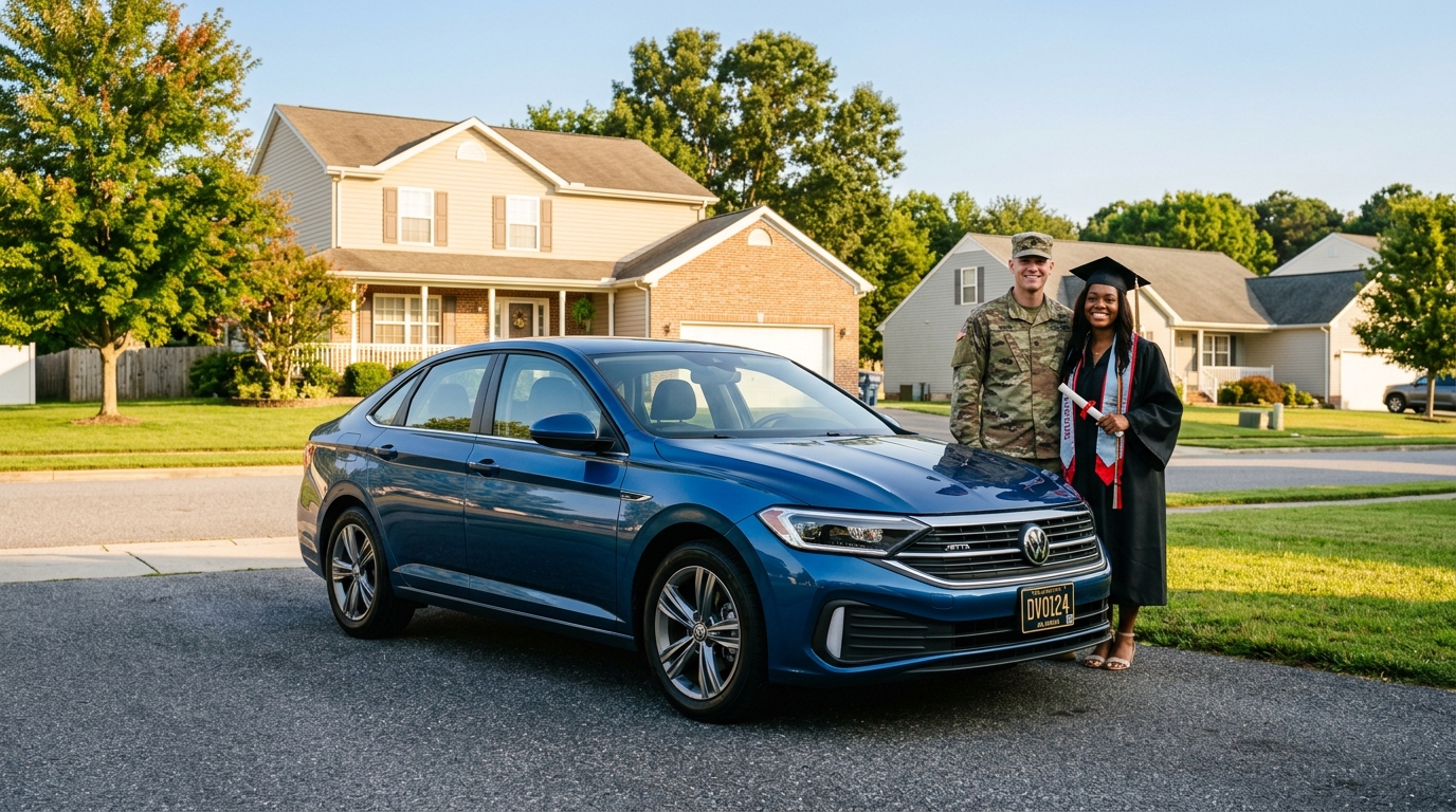 A blue Volkswagen Jetta with a graduate in cap and gown and a soldier standing behind it in a suburban neighborhood. (Representative image for illustration purposes only. Actual vehicle may vary based on trim and configuration.)