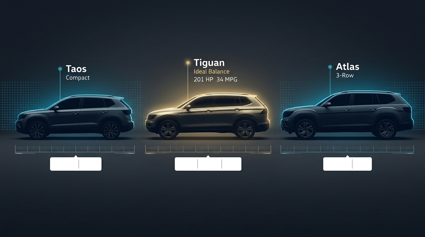 Side profile comparison graphic of Volkswagen Taos, Tiguan, and Atlas SUVs with spec callouts. (Representative image for illustration purposes only. Actual vehicle may vary based on trim and configuration.)