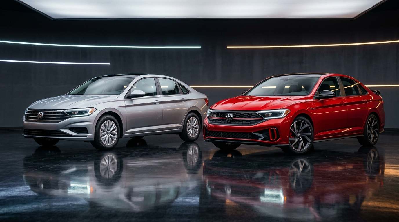 A silver Volkswagen Jetta and a red Volkswagen Jetta GLI parked side-by-side in a dark studio. (Representative image for illustration purposes only. Actual vehicle may vary based on trim and configuration.)