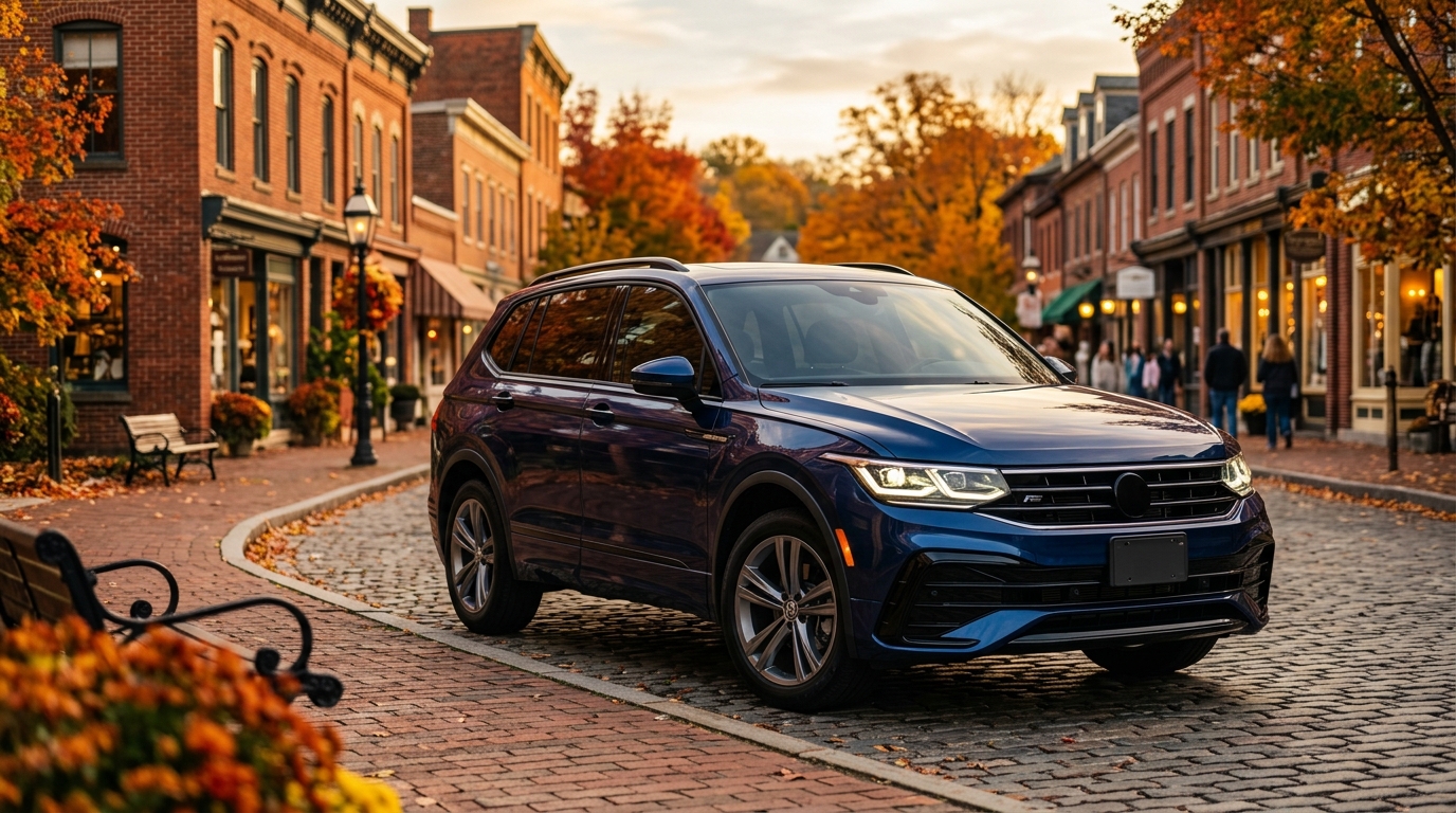 Dark blue SUV parked on a historic cobblestone street lined with autumn trees and red brick storefronts. (Representative image for illustration purposes only. Actual vehicle may vary based on trim and configuration.)