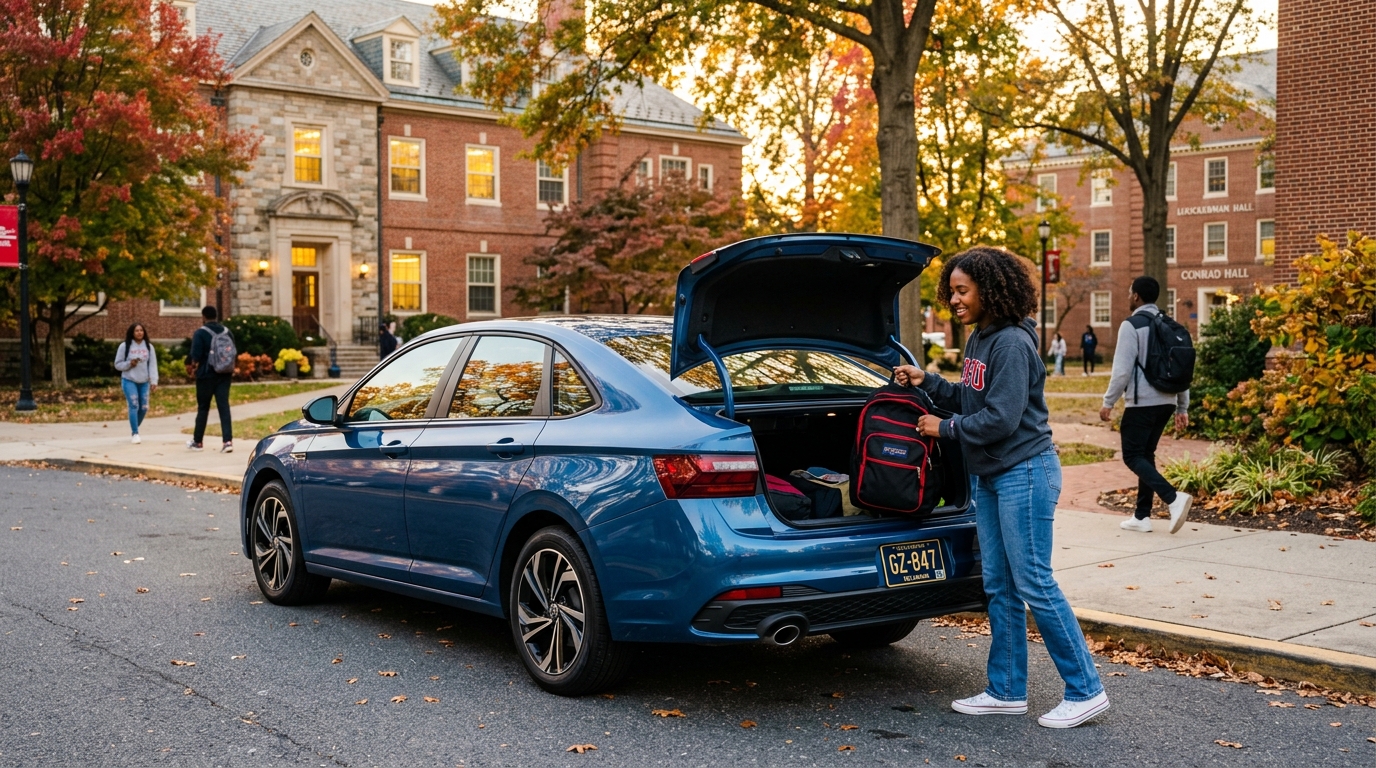 A student loads a backpack into the open trunk of a blue sedan on a college campus in autumn. (Representative image for illustration purposes only. Actual vehicle may vary based on trim and configuration.)