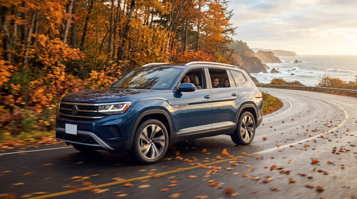 Blue Volkswagen SUV driving down a scenic coastal road surrounded by vibrant autumn trees and fallen leaves. (Representative image for illustration purposes only. Actual vehicle may vary based on trim and configuration.)