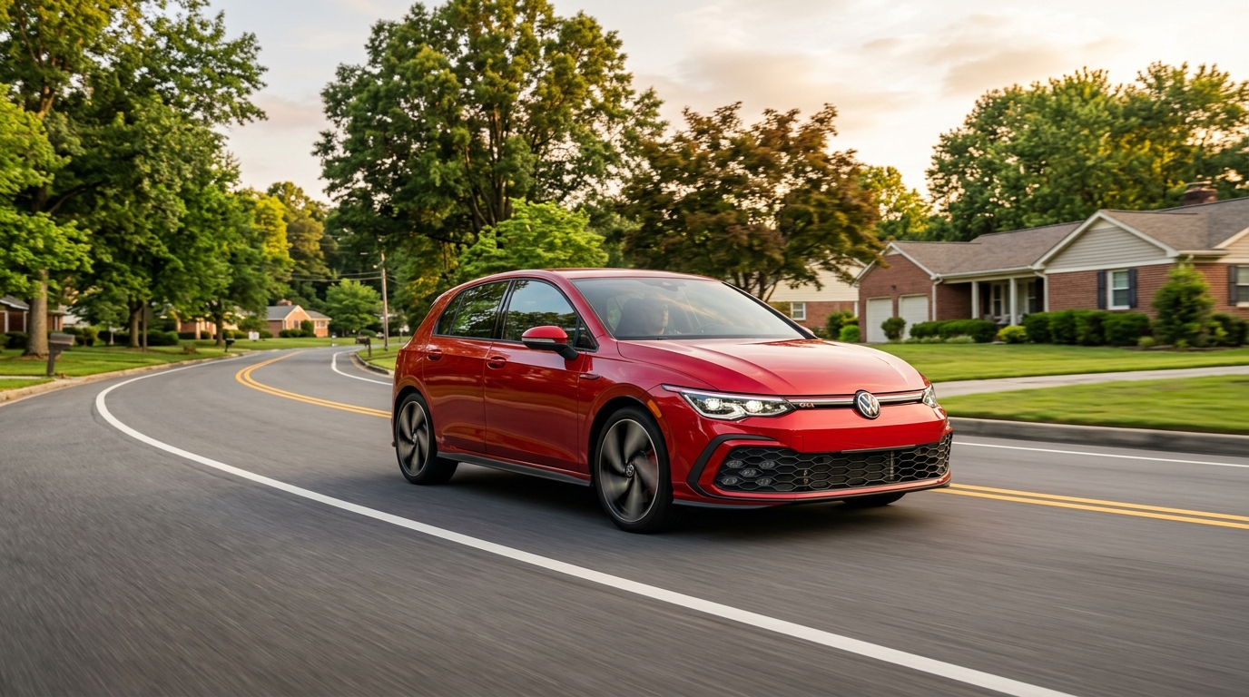 Red Volkswagen Golf GTI driving along a curved suburban road surrounded by green trees and houses. (Representative image for illustration purposes only. Actual vehicle may vary based on trim and configuration.)