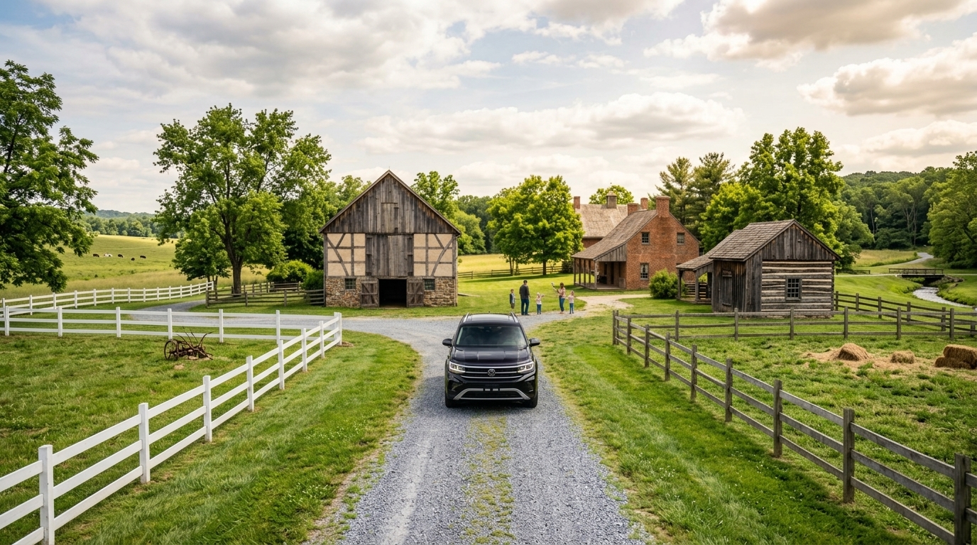 A dark SUV drives down a gravel road past historic farm buildings, wooden barns, and green fields. (Representative image for illustration purposes only. Actual vehicle may vary based on trim and configuration.)
