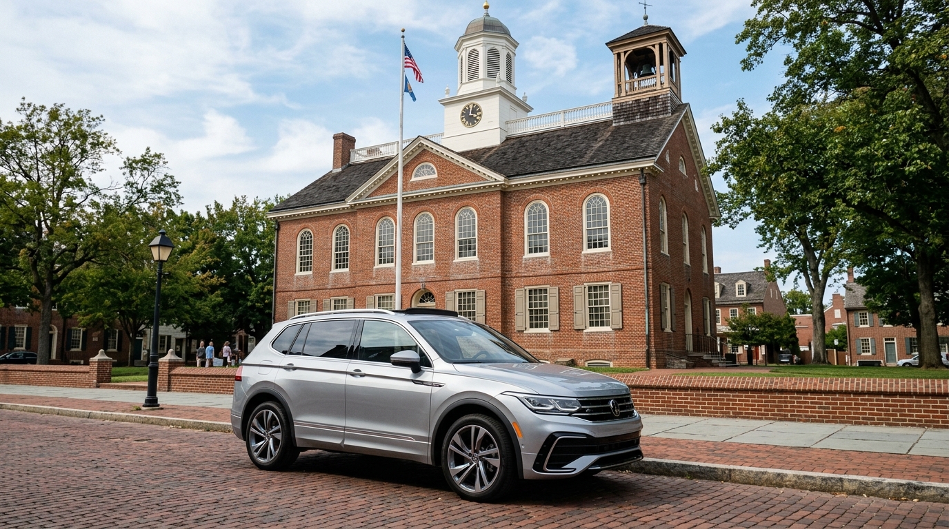 A silver Volkswagen Tiguan parked on a brick street in front of a historic red-brick building with a clock tower. (Representative image for illustration purposes only. Actual vehicle may vary based on trim and configuration.)