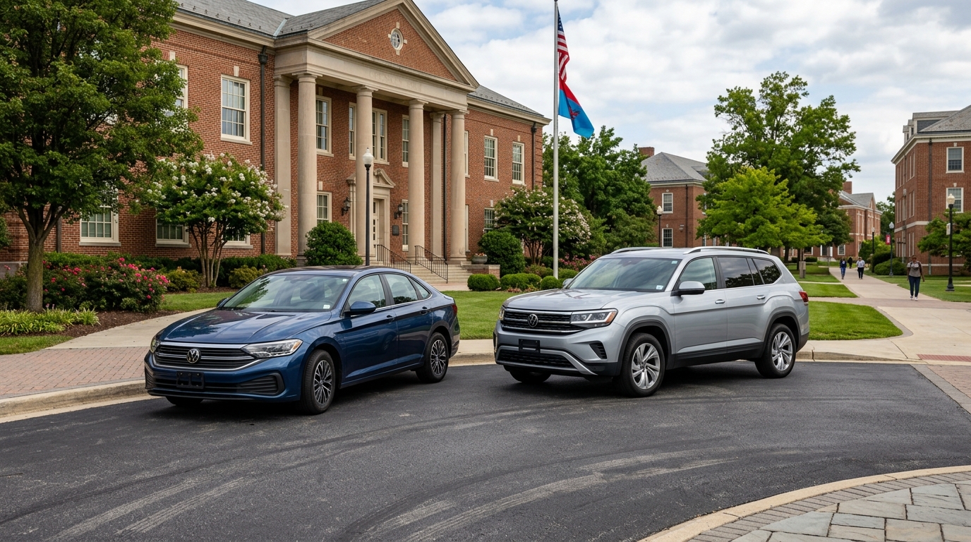 Blue Volkswagen sedan and silver Volkswagen SUV parked in front of a brick campus building. (Representative image for illustration purposes only. Actual vehicle may vary based on trim and configuration.)