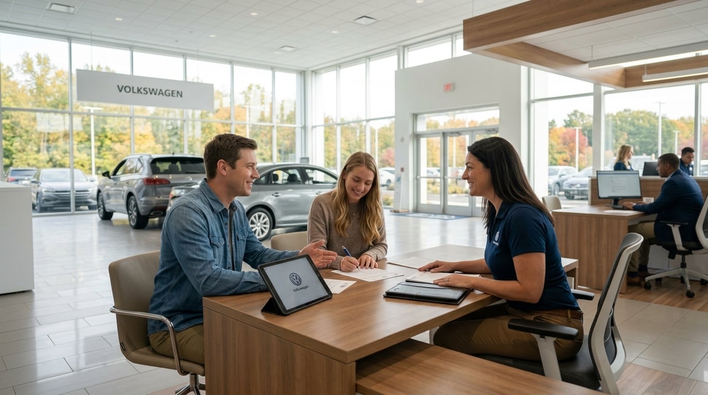 Bright and modern Volkswagen car dealership showroom interior in central Delaware, bathed in soft morning natural light streaming through floor-to-ceiling glass windows, wide shot capturing a friendly sales consultant at a sleek modern desk discussing documentation with an optimistic young couple, c