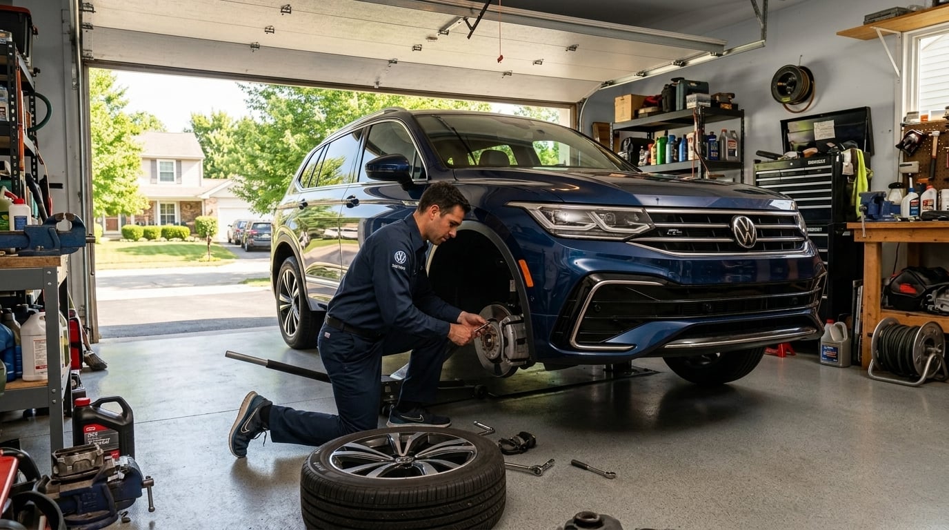A male in work out clothes working on his 2026 Volkswagen Tiguan in the garage of his suburban home on a warm summer day. No front license plate. (Representative image for illustration purposes only. Actual vehicle may vary based on trim and configuration.)