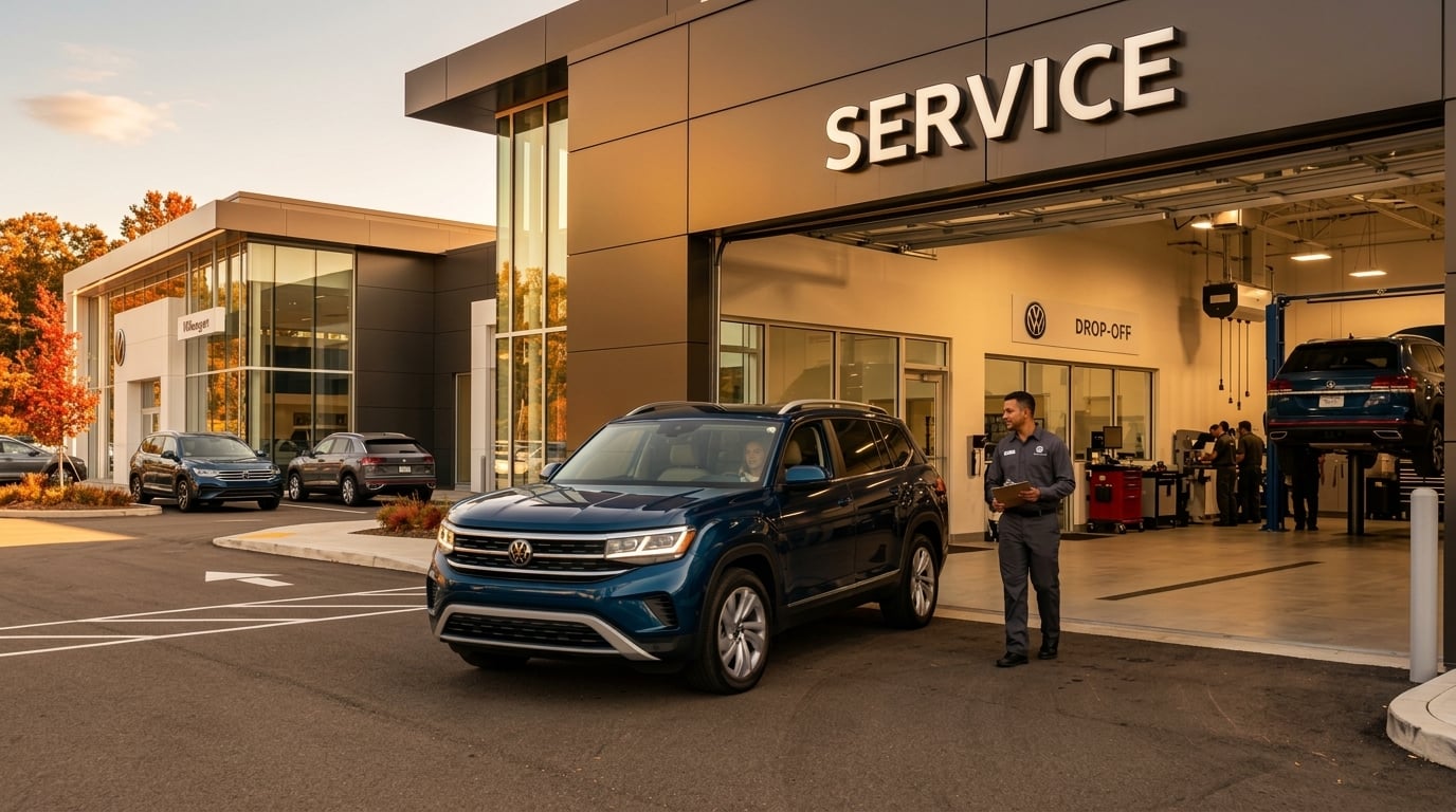A high-end Volkswagen dealership service center with a Volkswagen Atlas pulling in for service. No front license plate. No dealership name building signs. (Representative image for illustration purposes only. Actual vehicle may vary based on trim and configuration.)